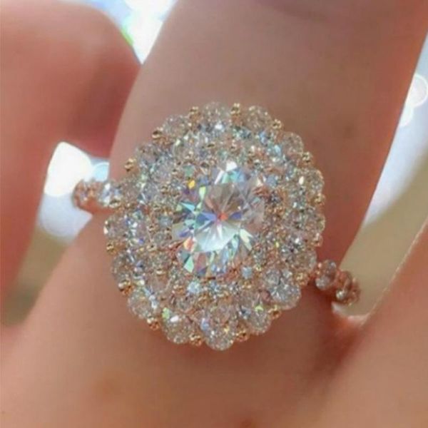 wedding rings classic oval-shape stone pink crystal silver luxury ring for women anniversary birthday party boho zircon jewelry, Slivery;golden